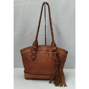 Patricia Nash Brown Tan Leather Floral Tooled Woven Double Handle Shoulder Bag